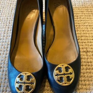 Tory Burch Black Flats with Gold Emblem